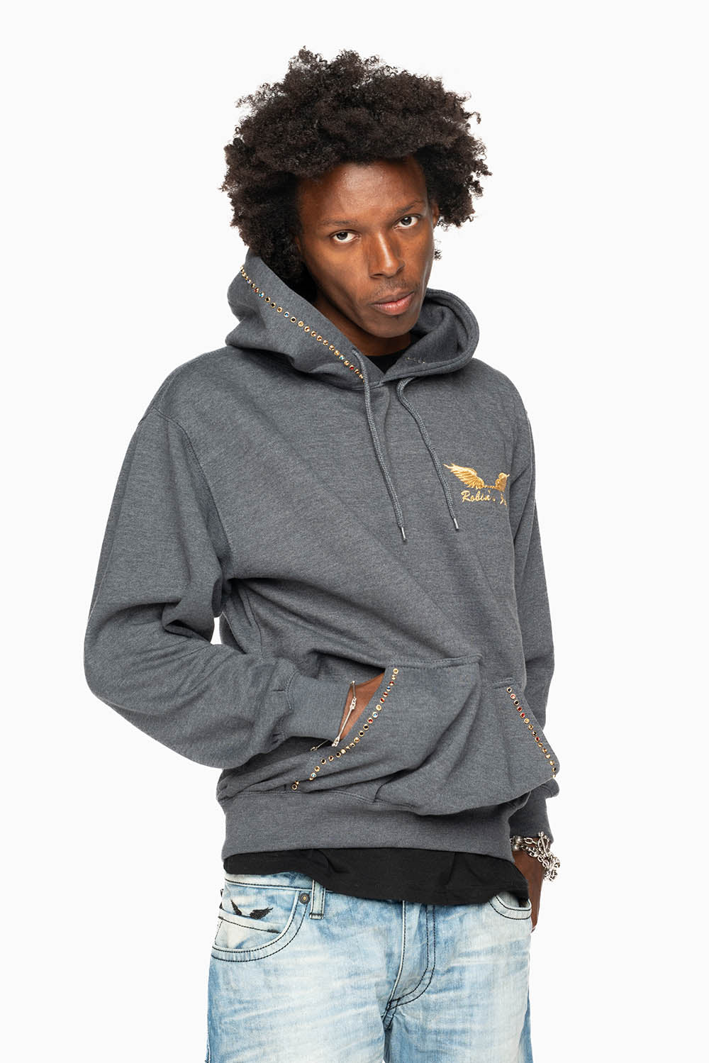 ROBIN’S JEAN PULLOVER HOODIE IN DARK HEATHER EMBELLISHED WITH MULTI-COLOR CRYSTALS