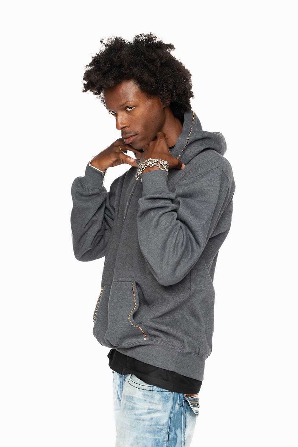 ROBIN’S JEAN PULLOVER HOODIE IN DARK HEATHER EMBELLISHED WITH MULTI-COLOR CRYSTALS