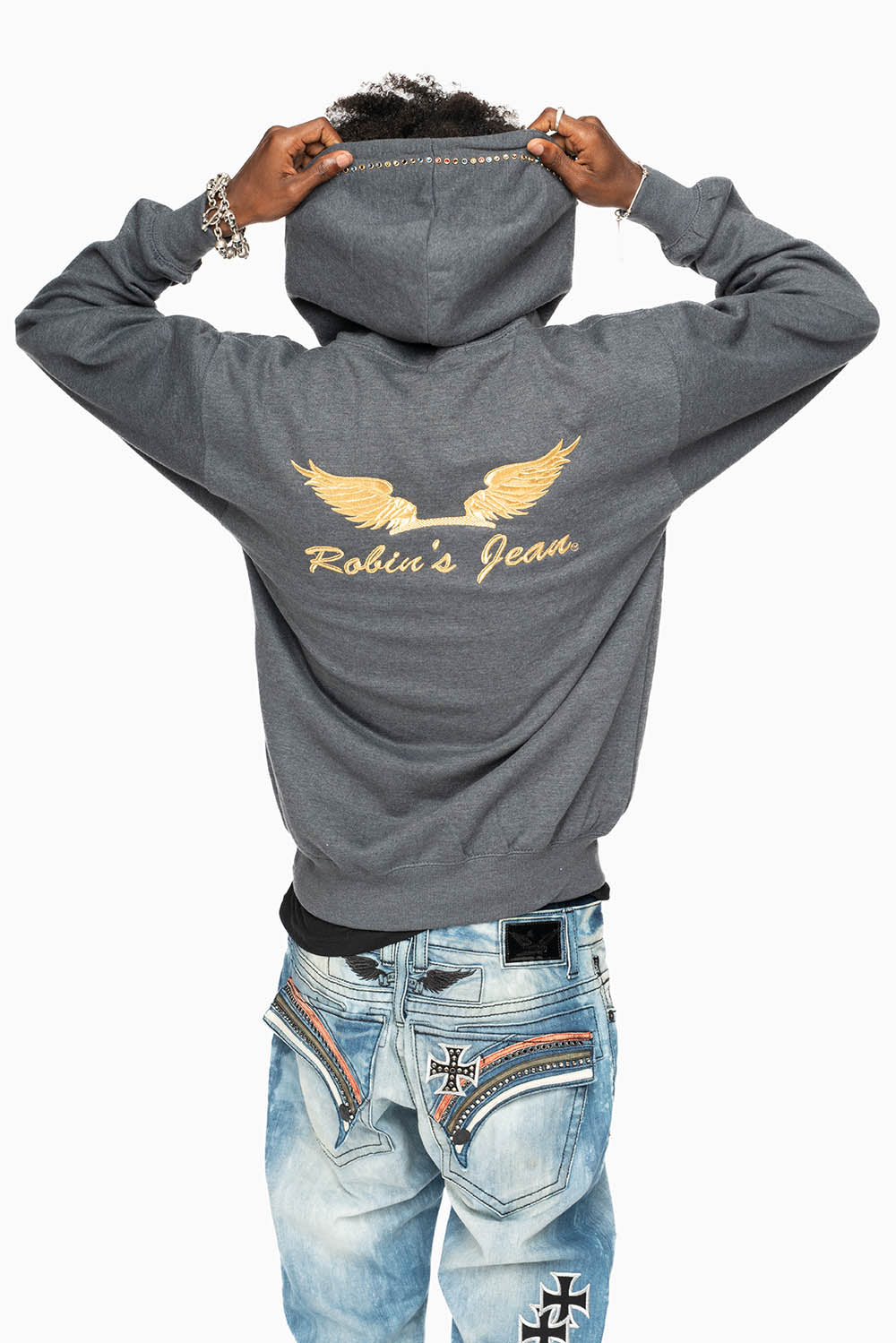 ROBIN’S JEAN PULLOVER HOODIE IN DARK HEATHER EMBELLISHED WITH MULTI-COLOR CRYSTALS