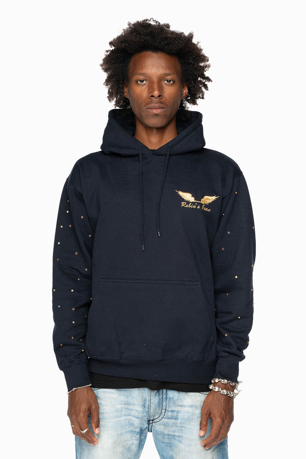 ROBIN’S JEAN PULLOVER HOODIE IN NAVY EMBELLISHED SLEEVES WITH CRYSTALS AND GOLD WINGS EMBROIDERY