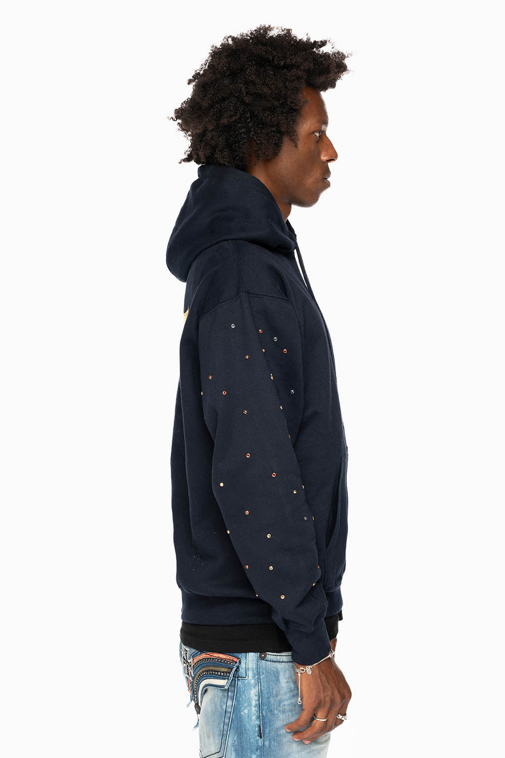 ROBIN’S JEAN PULLOVER HOODIE IN NAVY EMBELLISHED SLEEVES WITH CRYSTALS AND GOLD WINGS EMBROIDERY
