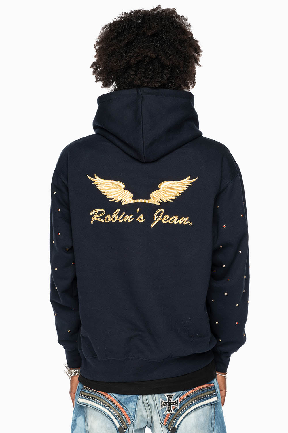 ROBIN’S JEAN PULLOVER HOODIE IN NAVY EMBELLISHED SLEEVES WITH CRYSTALS AND GOLD WINGS EMBROIDERY