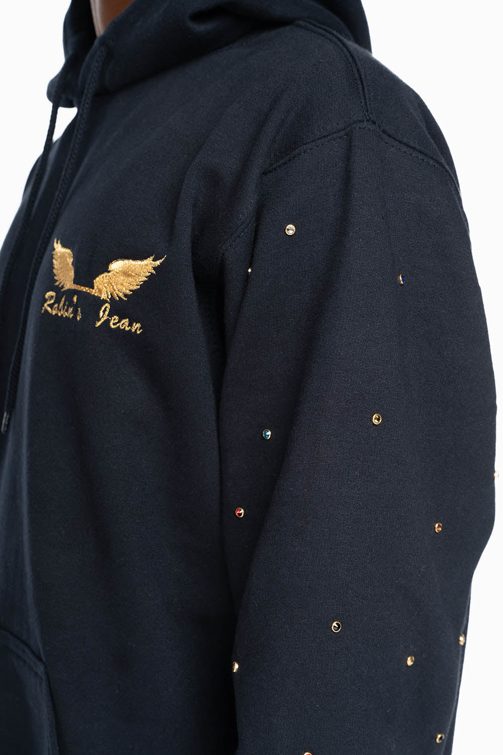 ROBIN’S JEAN PULLOVER HOODIE IN NAVY EMBELLISHED SLEEVES WITH CRYSTALS AND GOLD WINGS EMBROIDERY