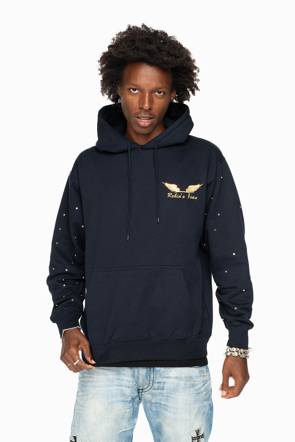 ROBIN’S JEAN PULLOVER HOODIE IN NAVY EMBELLISHED SLEEVES WITH CRYSTALS AND GOLD WINGS EMBROIDERY