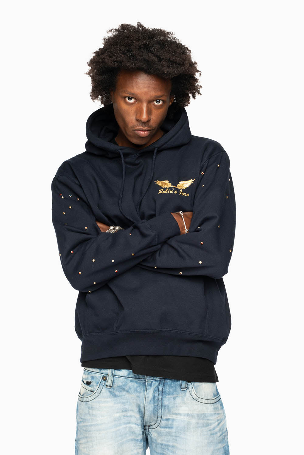 ROBIN’S JEAN PULLOVER HOODIE IN NAVY EMBELLISHED SLEEVES WITH CRYSTALS AND GOLD WINGS EMBROIDERY