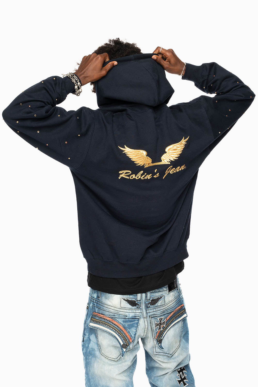 ROBIN’S JEAN PULLOVER HOODIE IN NAVY EMBELLISHED SLEEVES WITH CRYSTALS AND GOLD WINGS EMBROIDERY