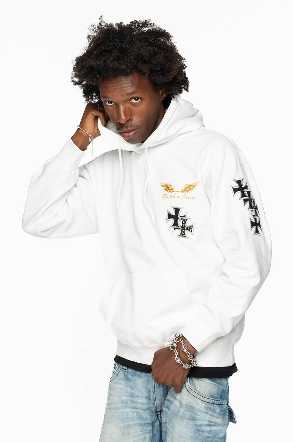 ROBIN’S JEAN PULLOVER HOODIE IN WHITE EMBELLISHED  WITH MEDIEVAL CROSS PATCHES AND  CRYSTALS
