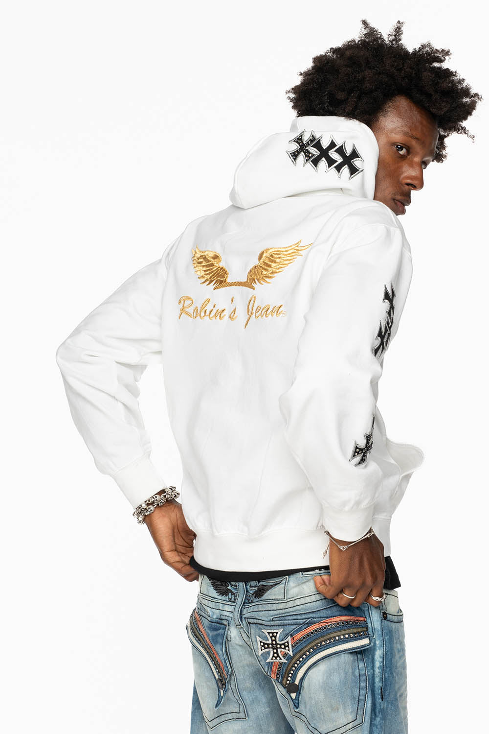 ROBIN’S JEAN PULLOVER HOODIE IN WHITE EMBELLISHED  WITH MEDIEVAL CROSS PATCHES AND  CRYSTALS