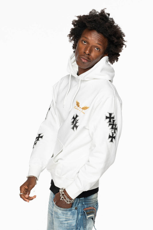 ROBIN’S JEAN PULLOVER HOODIE IN WHITE EMBELLISHED  WITH MEDIEVAL CROSS PATCHES AND  CRYSTALS