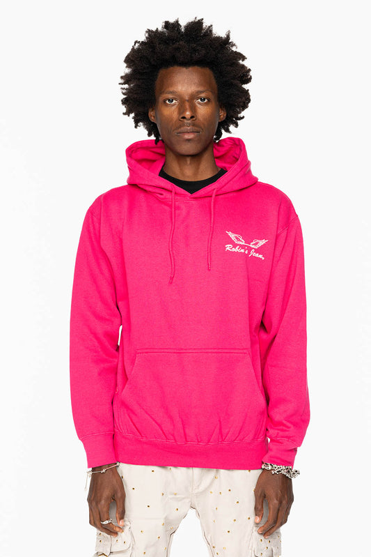 ROBIN’S JEAN PULLOVER HOODIE IN FUCHsIA WITH  WHITE WING PRINT