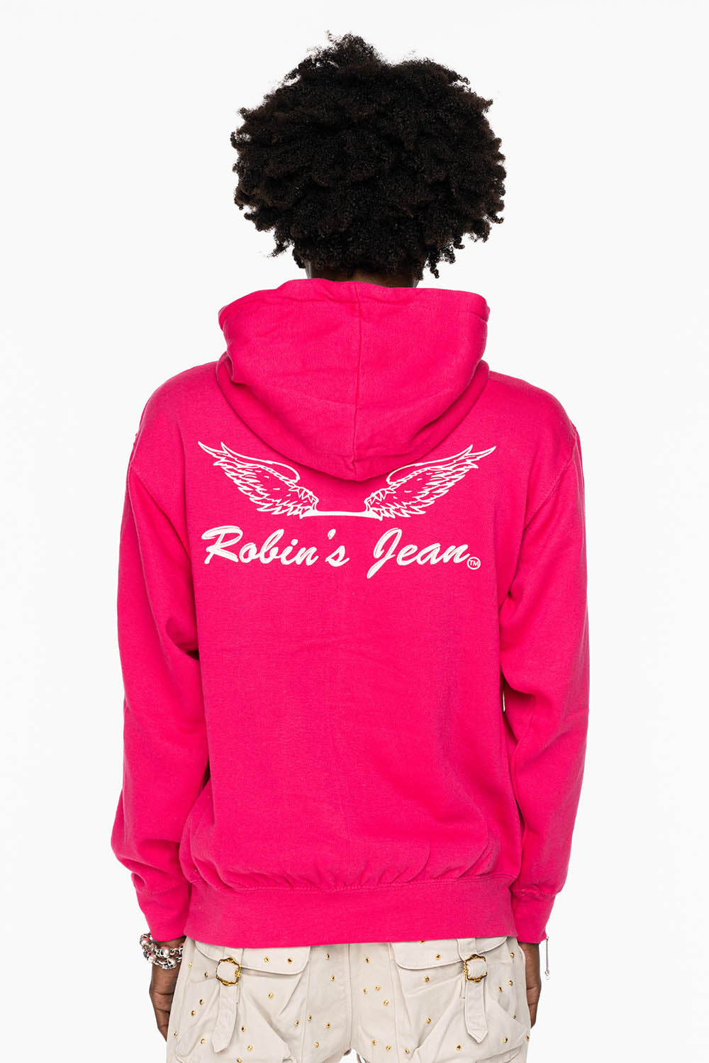 ROBIN’S JEAN PULLOVER HOODIE IN FUCHsIA WITH  WHITE WING PRINT