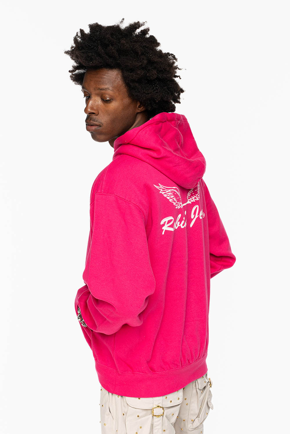 ROBIN’S JEAN PULLOVER HOODIE IN FUCHsIA WITH  WHITE WING PRINT
