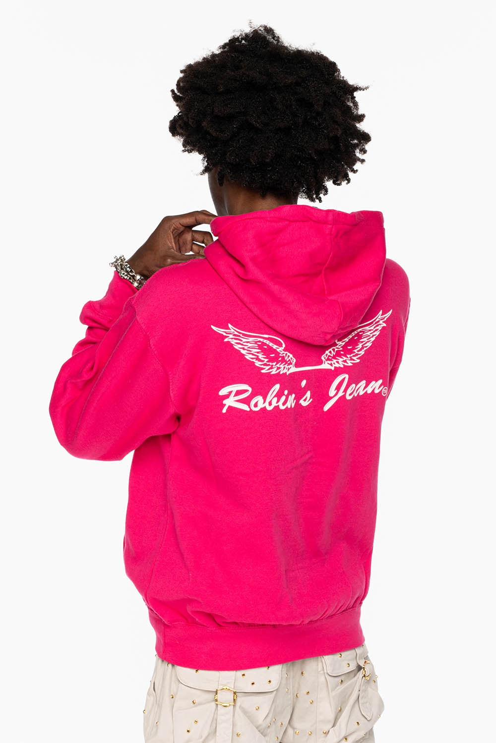 ROBIN’S JEAN PULLOVER HOODIE IN FUCHsIA WITH  WHITE WING PRINT