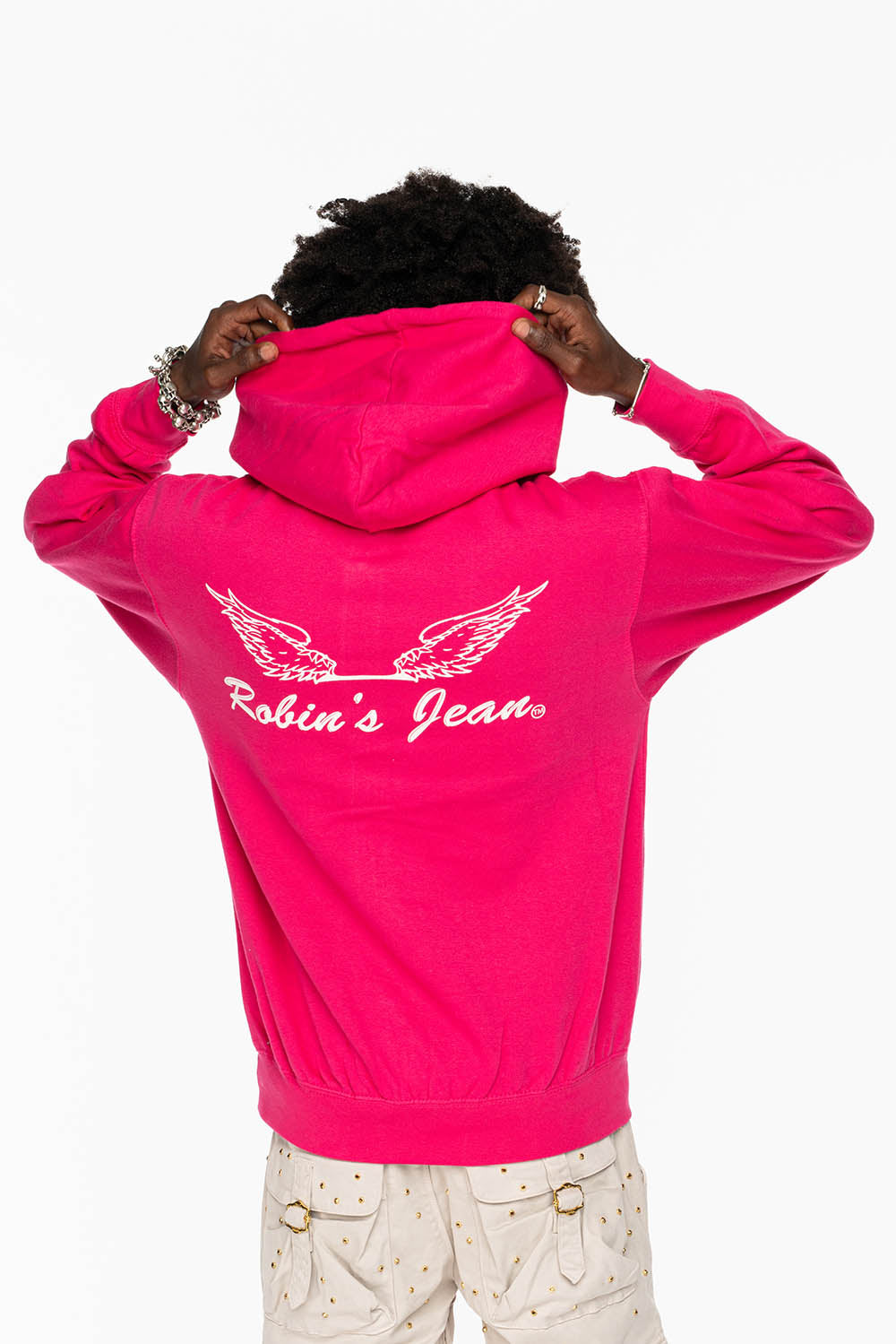 ROBIN’S JEAN PULLOVER HOODIE IN FUCHsIA WITH  WHITE WING PRINT