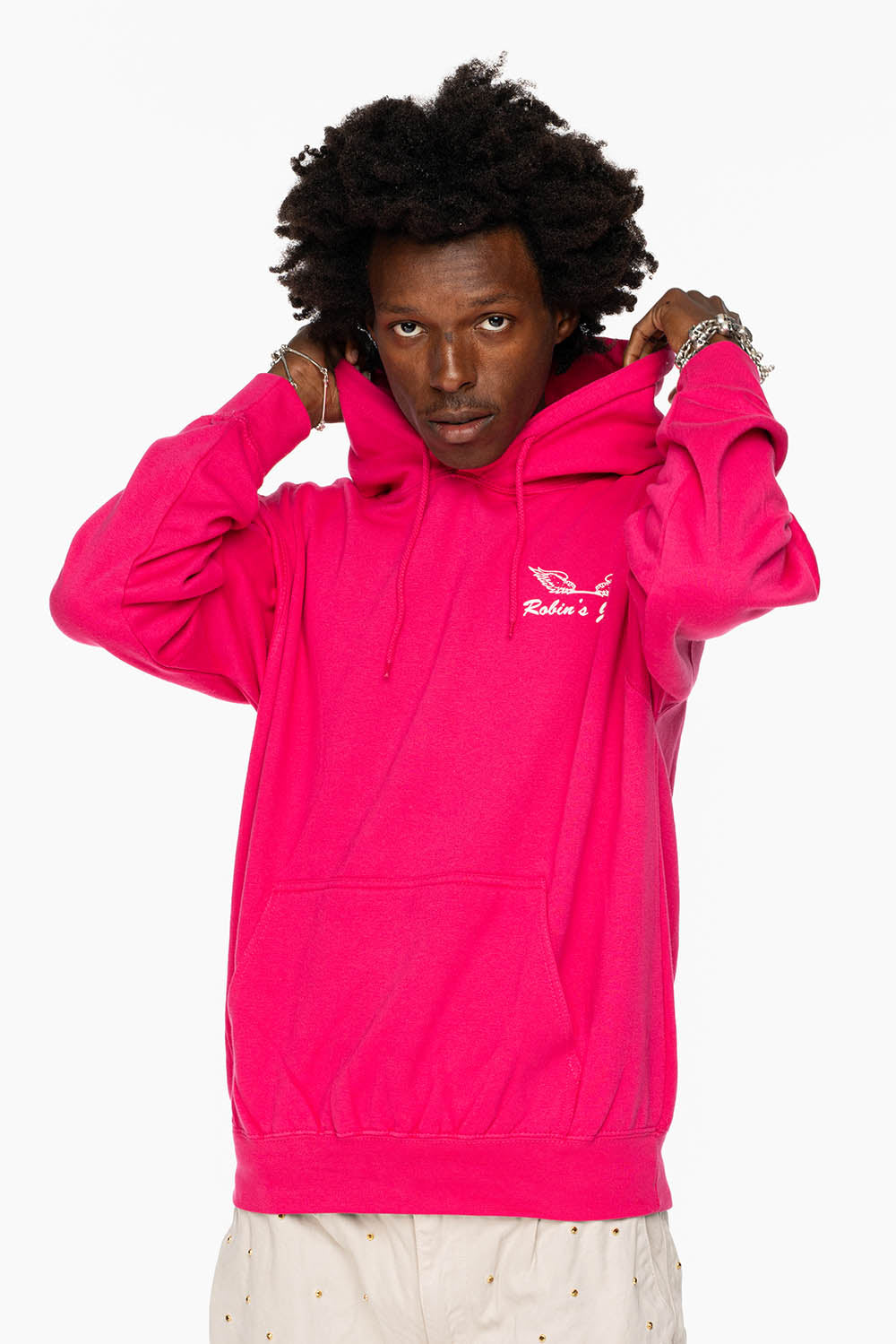 ROBIN’S JEAN PULLOVER HOODIE IN FUCHsIA WITH  WHITE WING PRINT