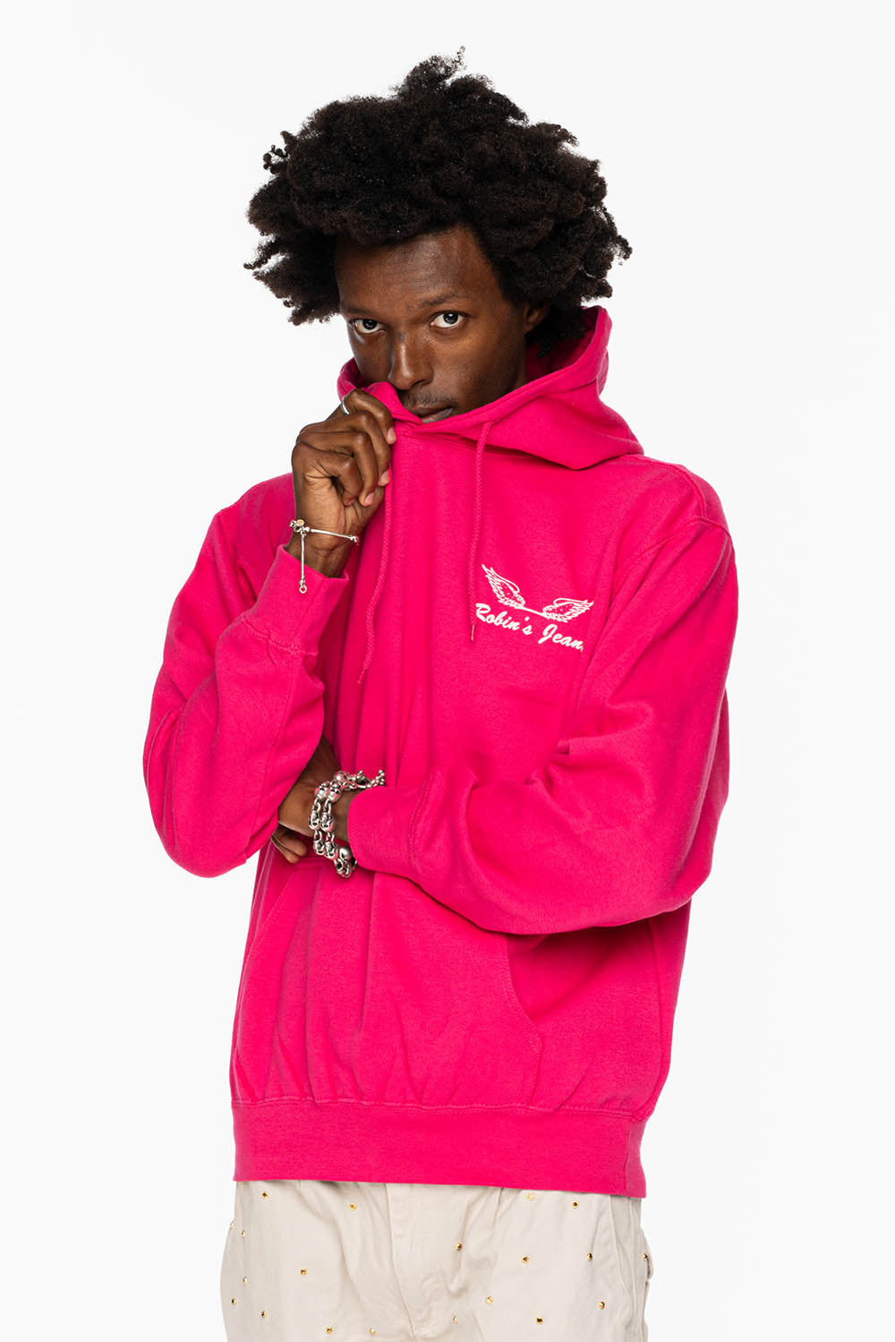 ROBIN’S JEAN PULLOVER HOODIE IN FUCHsIA WITH  WHITE WING PRINT