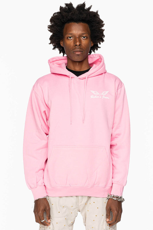 ROBIN’S JEAN PULLOVER HOODIE IN LIGHT PINK WITH  WHITE WING PRINT