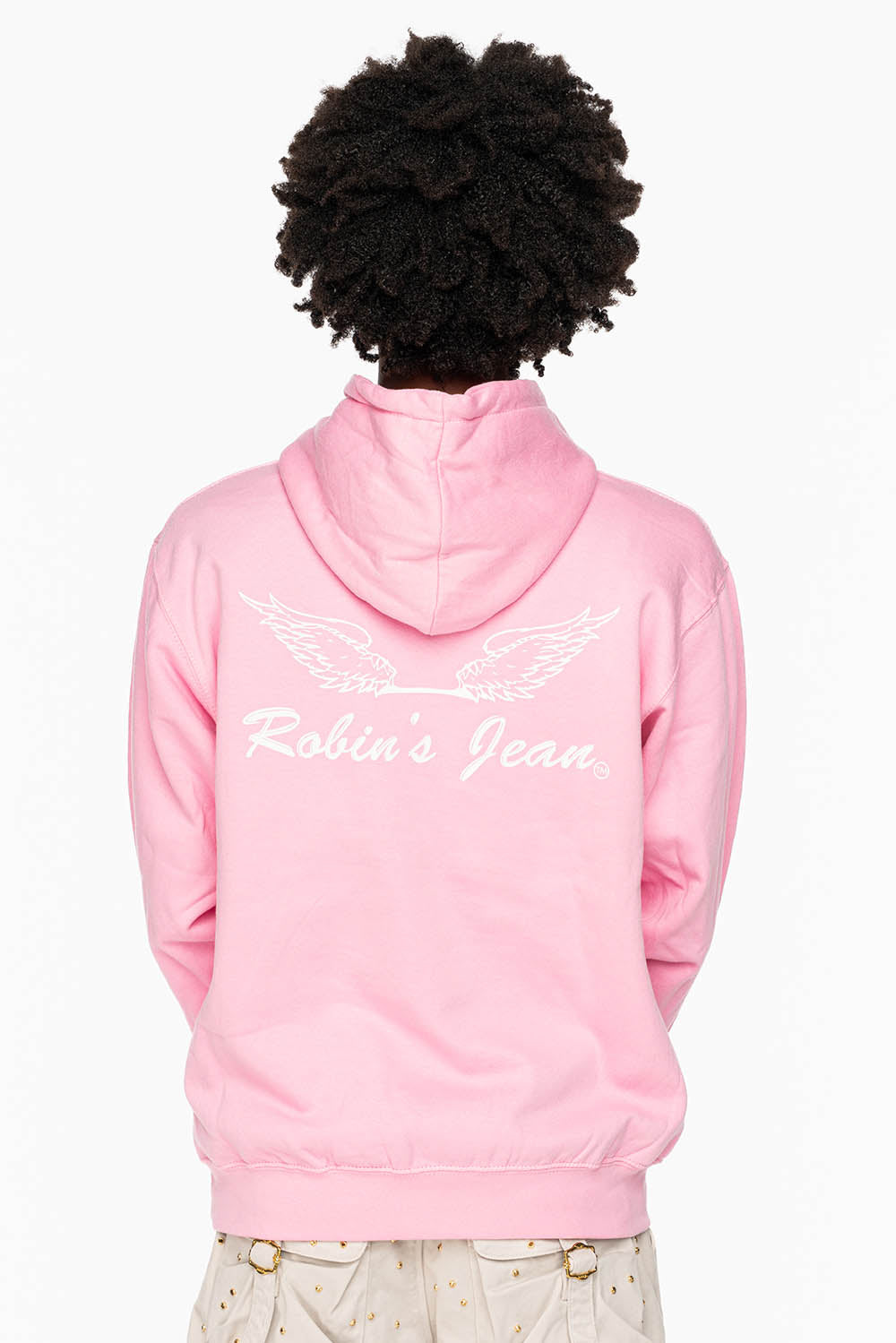 ROBIN’S JEAN PULLOVER HOODIE IN LIGHT PINK WITH  WHITE WING PRINT