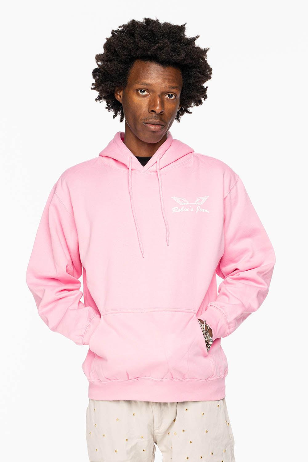 ROBIN’S JEAN PULLOVER HOODIE IN LIGHT PINK WITH  WHITE WING PRINT