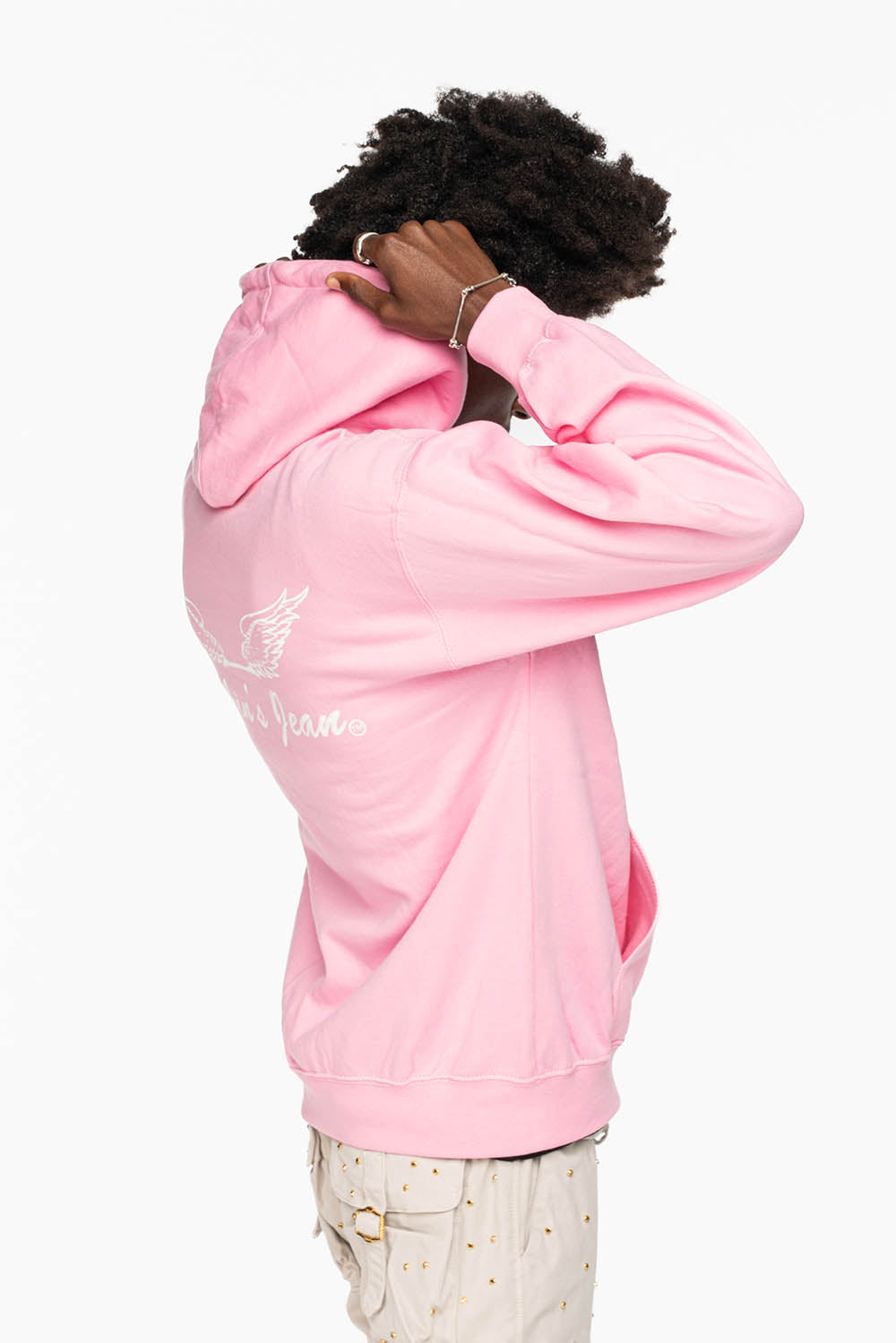 ROBIN’S JEAN PULLOVER HOODIE IN LIGHT PINK WITH  WHITE WING PRINT