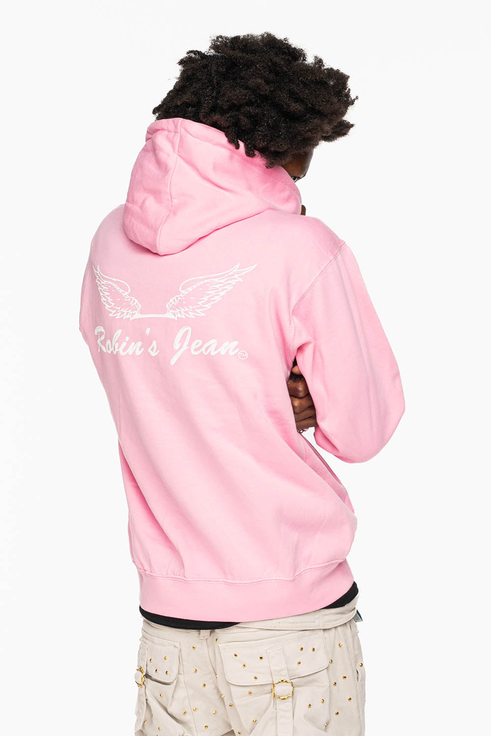ROBIN’S JEAN PULLOVER HOODIE IN LIGHT PINK WITH  WHITE WING PRINT