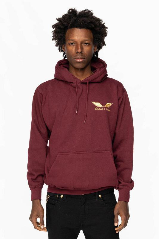 PULLOVER HOODIE IN BURGANDY WITH GOLD WINGS EMBROIDERY