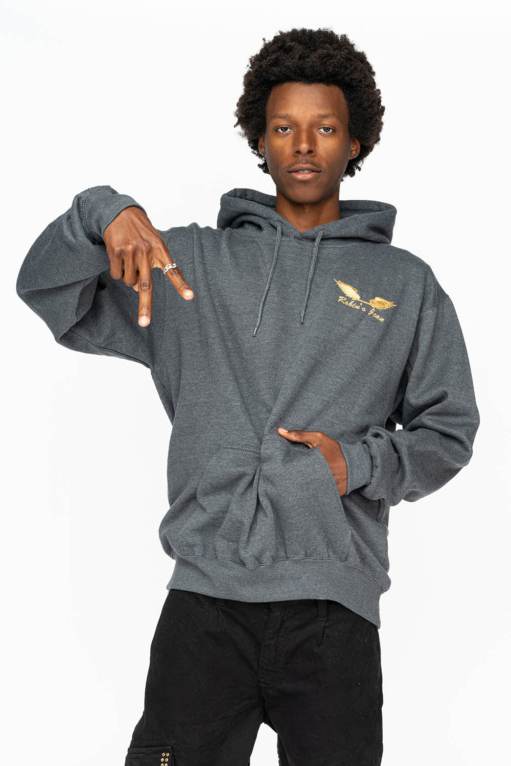 PULLOVER HOODIE IN DARK HEATHER  WITH GOLD WINGS EMBROIDERY