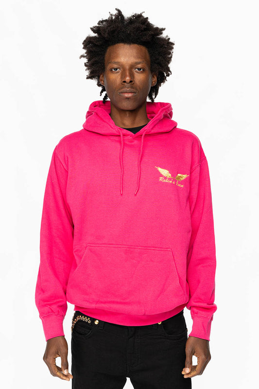 PULLOVER HOODIE IN FUSCHIA WITH GOLD WINGS EMBROIDERY