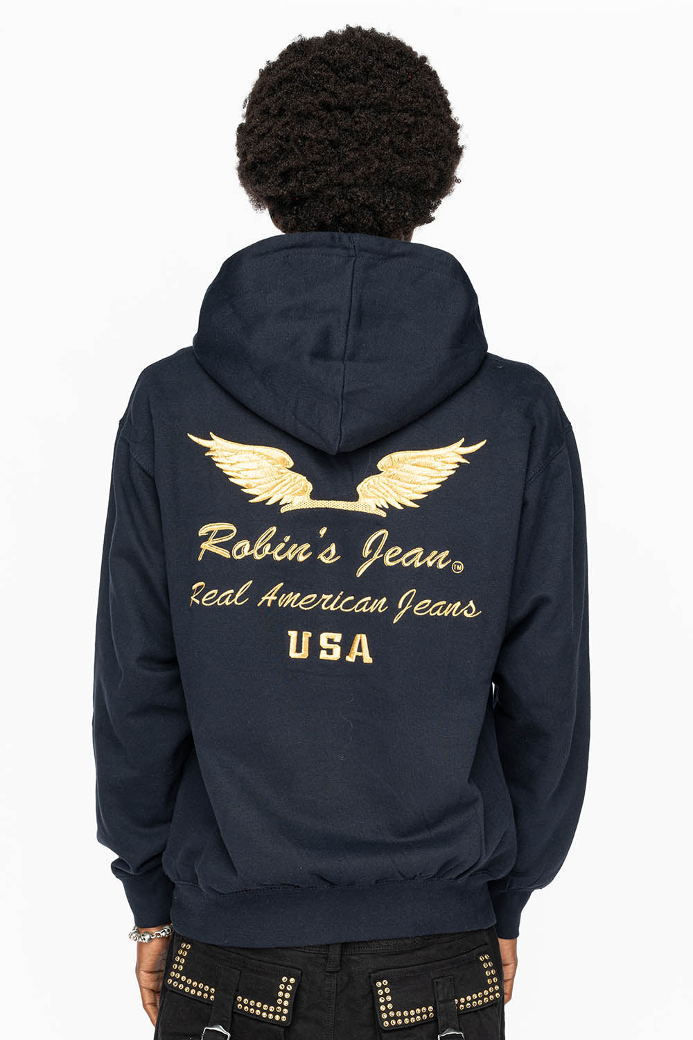 PULLOVER HOODIE IN NAVY WITH GOLD WINGS EMBROIDERY