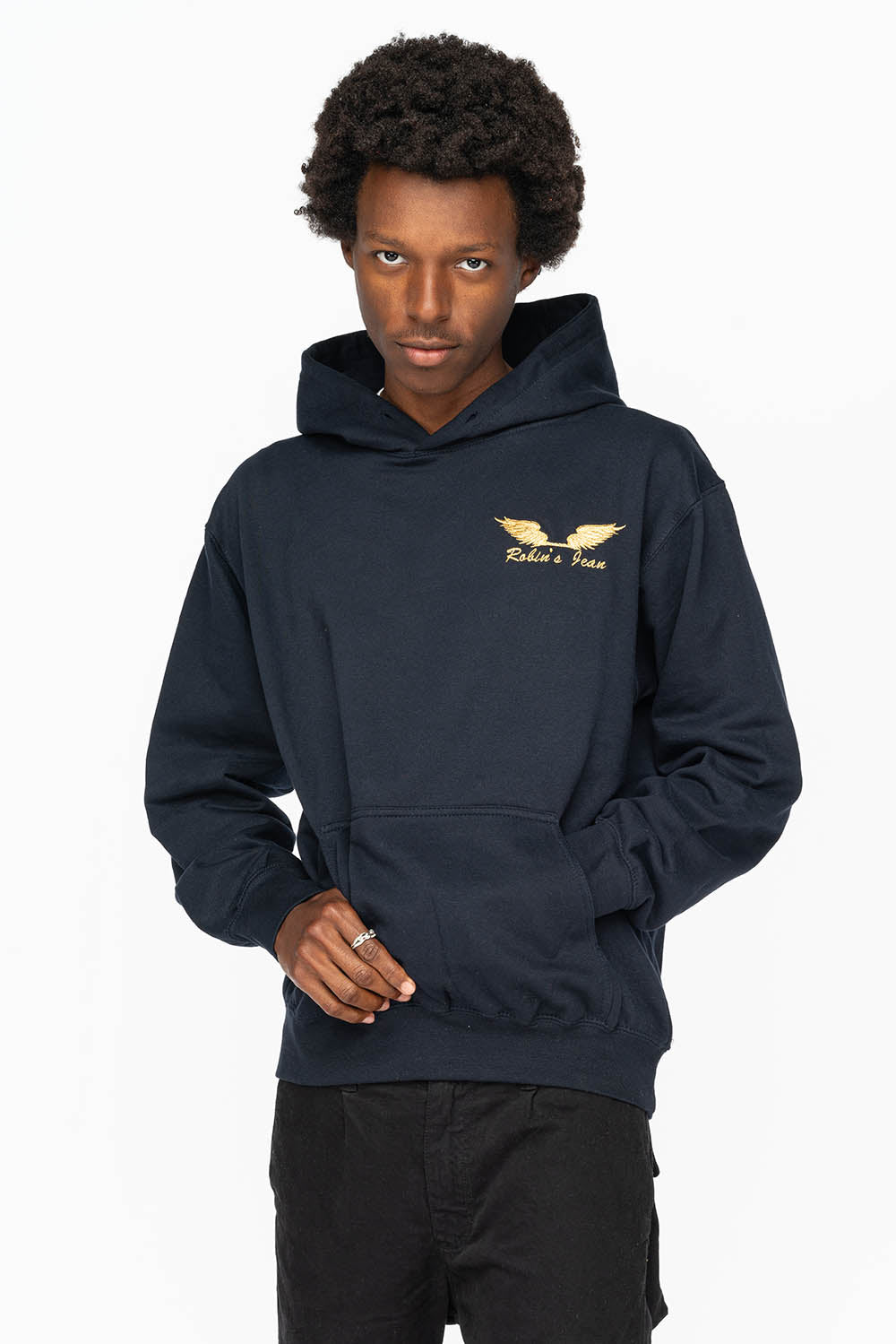 PULLOVER HOODIE IN NAVY WITH GOLD WINGS EMBROIDERY