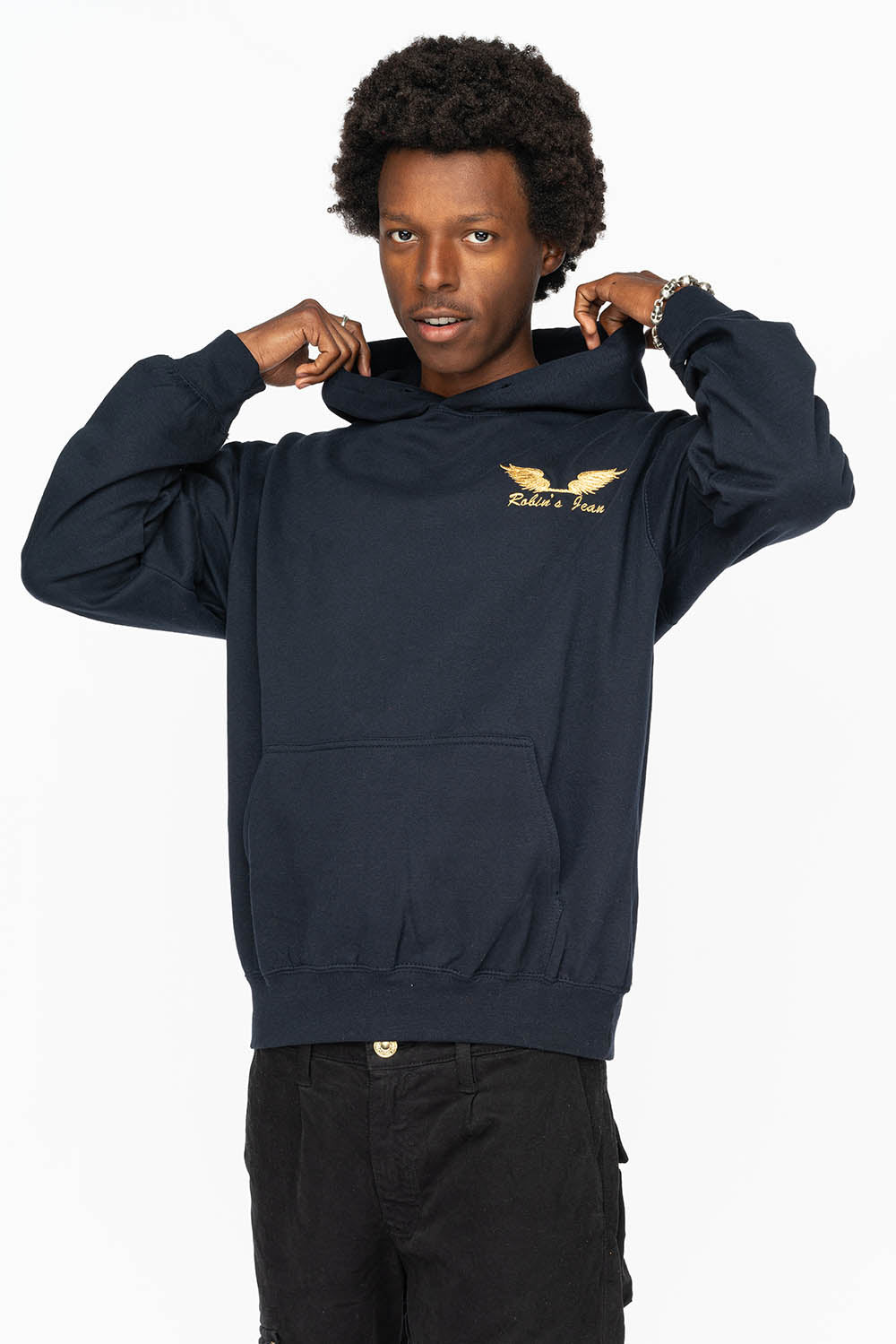 PULLOVER HOODIE IN NAVY WITH GOLD WINGS EMBROIDERY