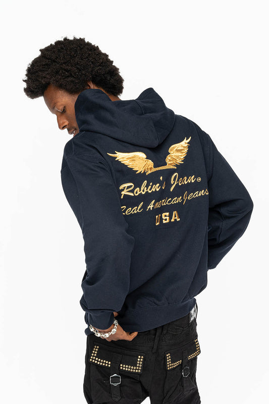 PULLOVER HOODIE IN NAVY WITH GOLD WINGS EMBROIDERY