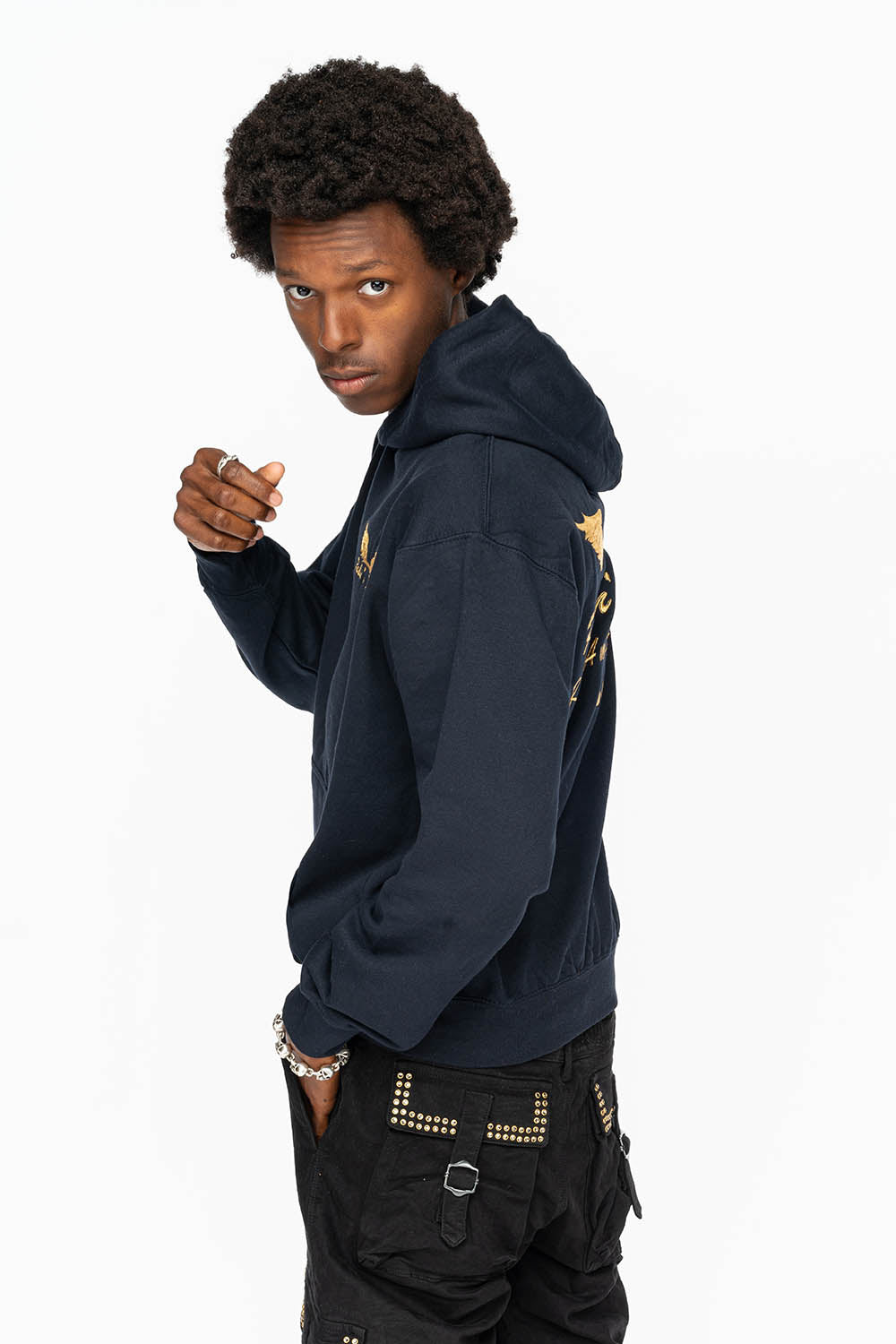 PULLOVER HOODIE IN NAVY WITH GOLD WINGS EMBROIDERY