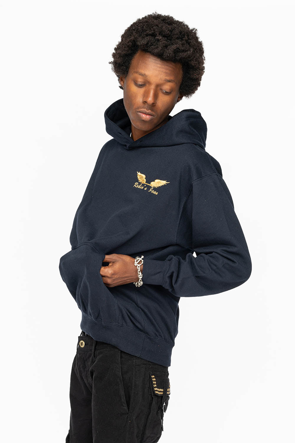 PULLOVER HOODIE IN NAVY WITH GOLD WINGS EMBROIDERY