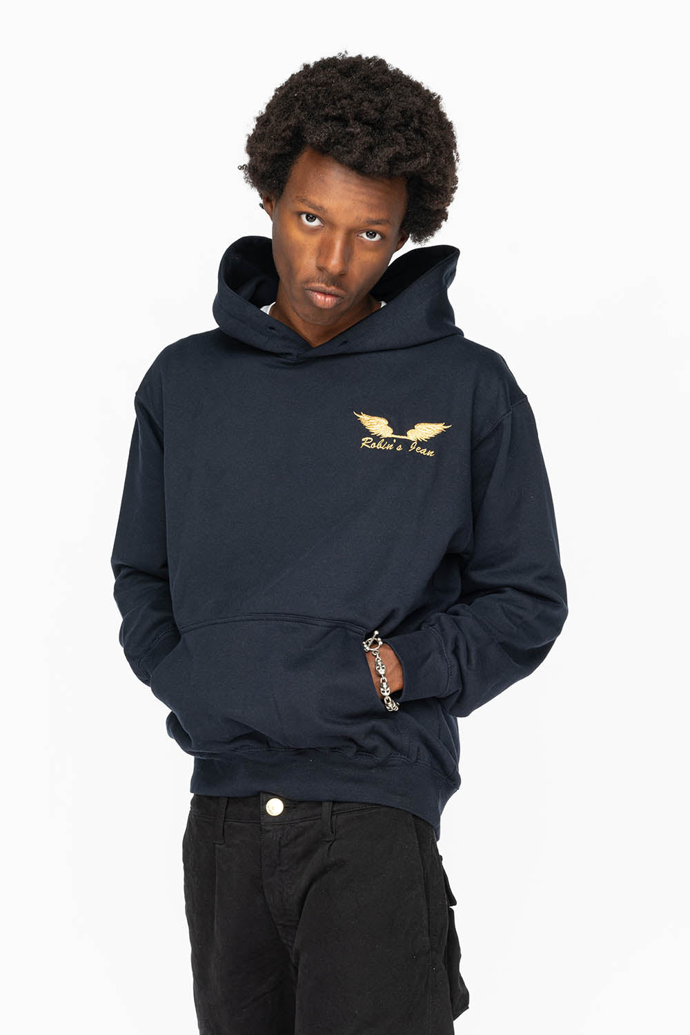 PULLOVER HOODIE IN NAVY WITH GOLD WINGS EMBROIDERY