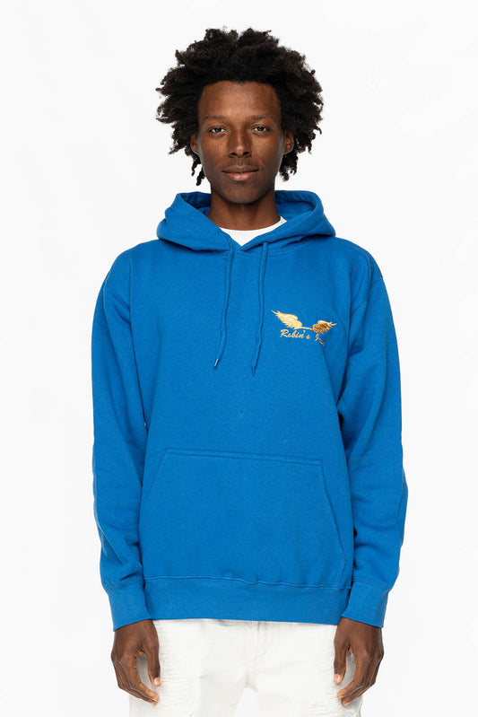 PULLOVER HOODIE IN  ROYAL BLUE WITH GOLD WINGS EMBROIDERY