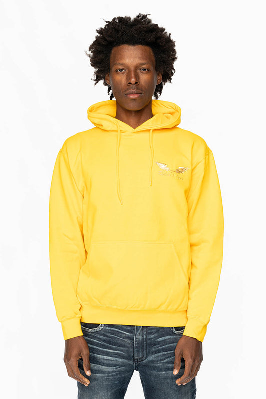 PULLOVER HOODIE IN YELLOW WITH GOLD WINGS EMBROIDERY