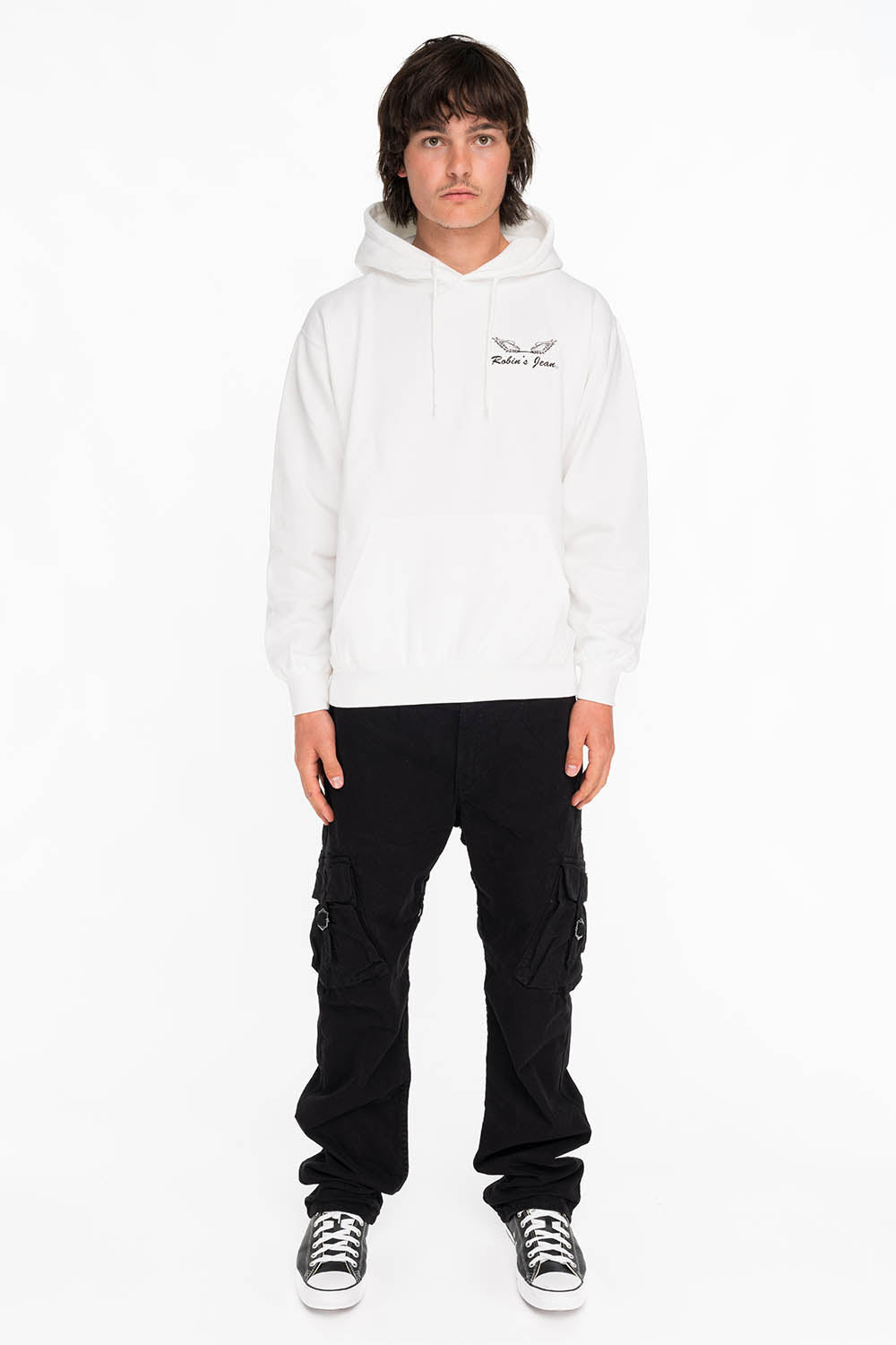 BLACK WINGS PULLOVER HOODIE IN WHITE