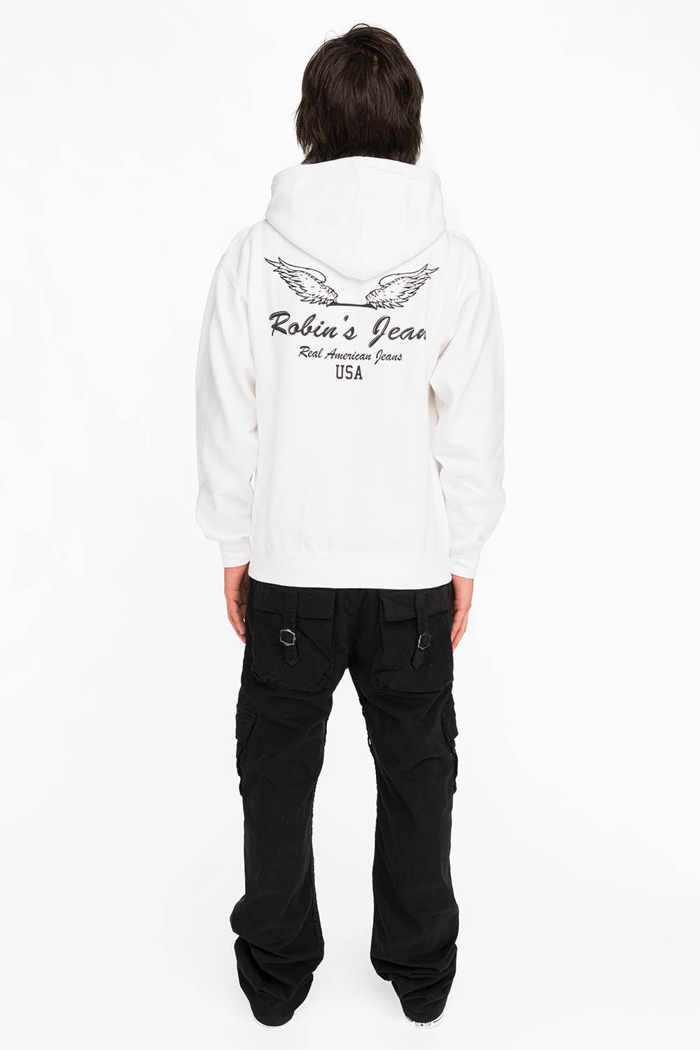 BLACK WINGS PULLOVER HOODIE IN WHITE