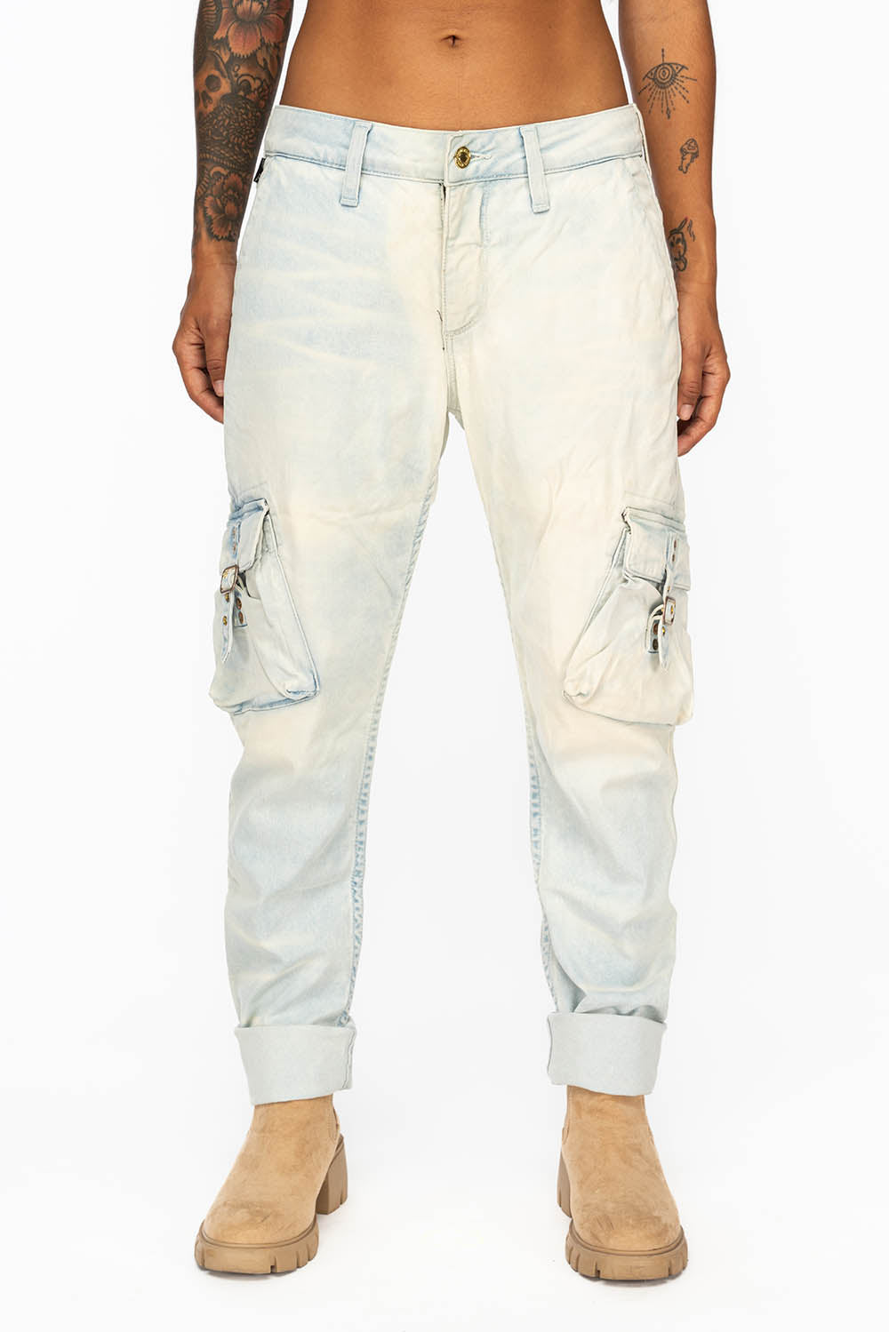 MILITARY STYLE WOMENS CARGO PANTS IN PALE  NICOLE LIGHT BLUE WASH