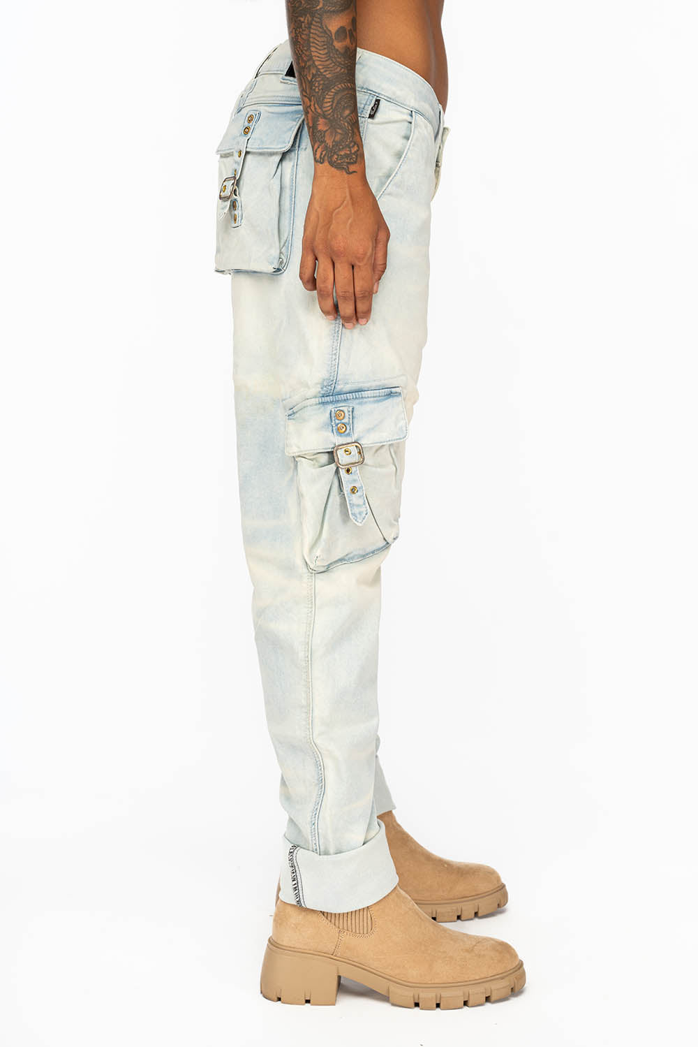 MILITARY STYLE WOMENS CARGO PANTS IN PALE  NICOLE LIGHT BLUE WASH