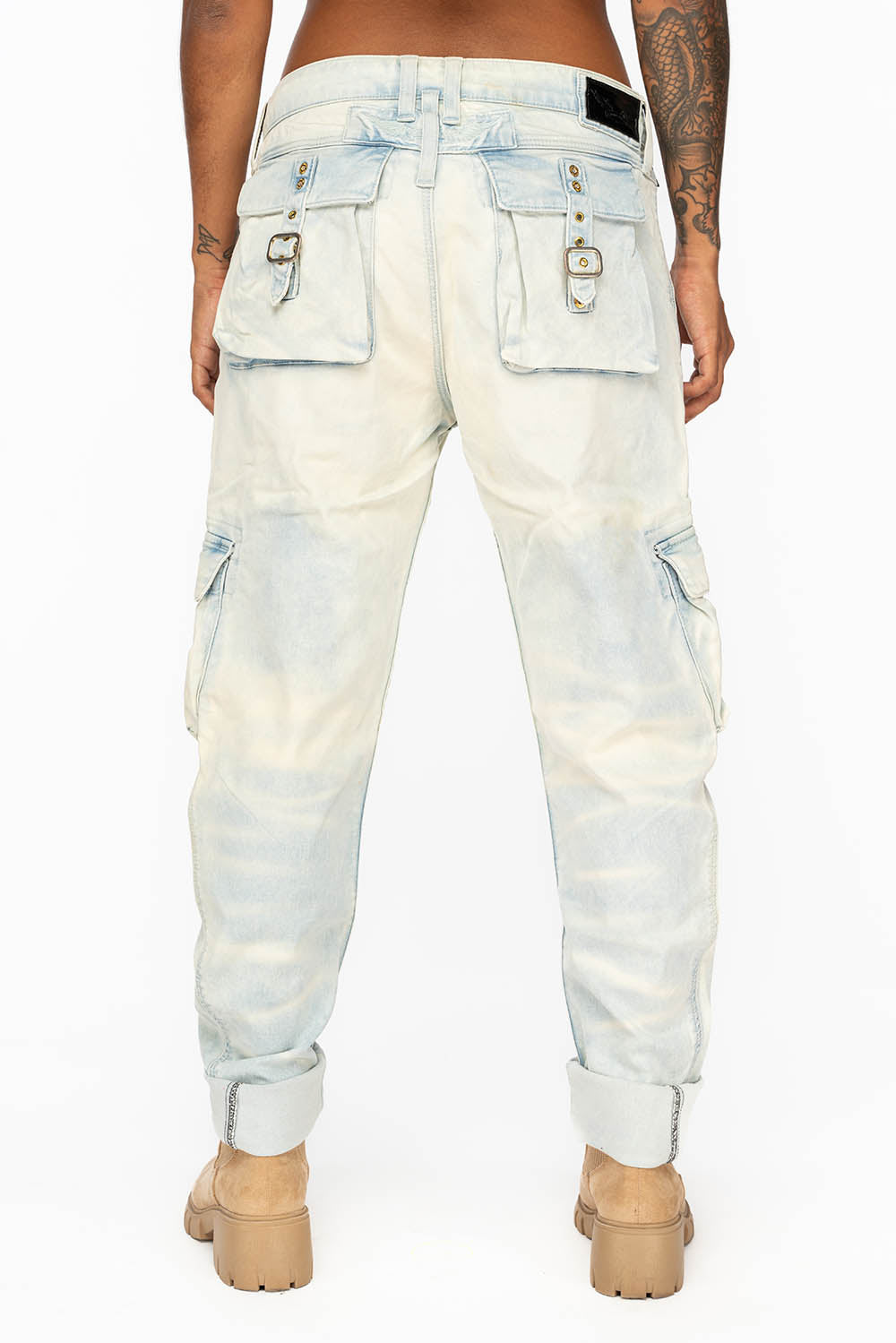 MILITARY STYLE WOMENS CARGO PANTS IN PALE  NICOLE LIGHT BLUE WASH