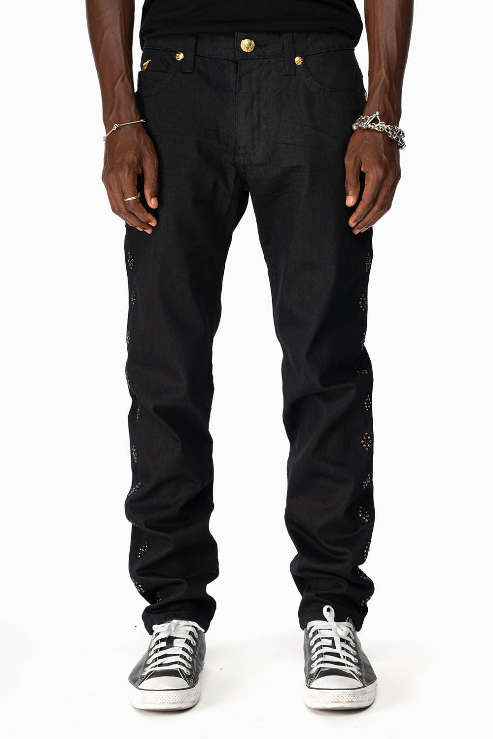 BIG MARLON 5 POCKET SLIM FIT MENS JEANS IN PURE BLACK WASH WITH GUNSLINGER CRYSTAL MOTIF
