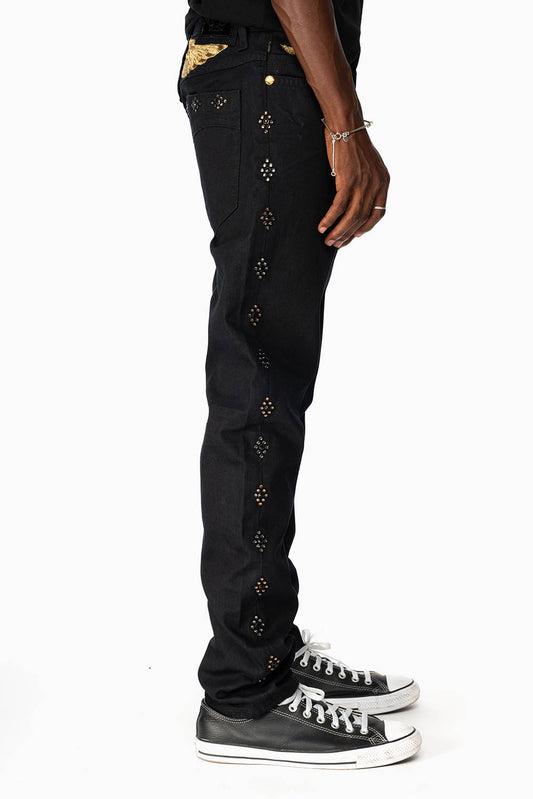 BIG MARLON 5 POCKET SLIM FIT MENS JEANS IN PURE BLACK WASH WITH GUNSLINGER CRYSTAL MOTIF