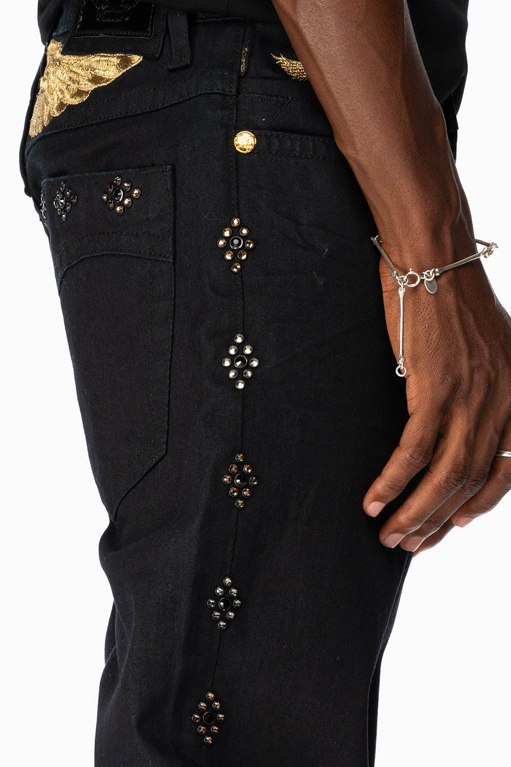 BIG MARLON 5 POCKET SLIM FIT MENS JEANS IN PURE BLACK WASH WITH GUNSLINGER CRYSTAL MOTIF