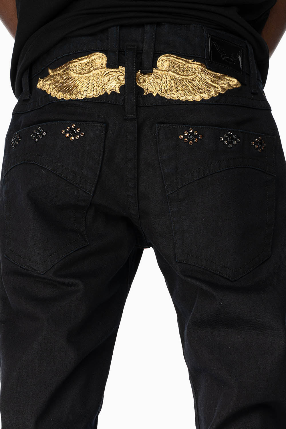 BIG MARLON 5 POCKET SLIM FIT MENS JEANS IN PURE BLACK WASH WITH GUNSLINGER CRYSTAL MOTIF