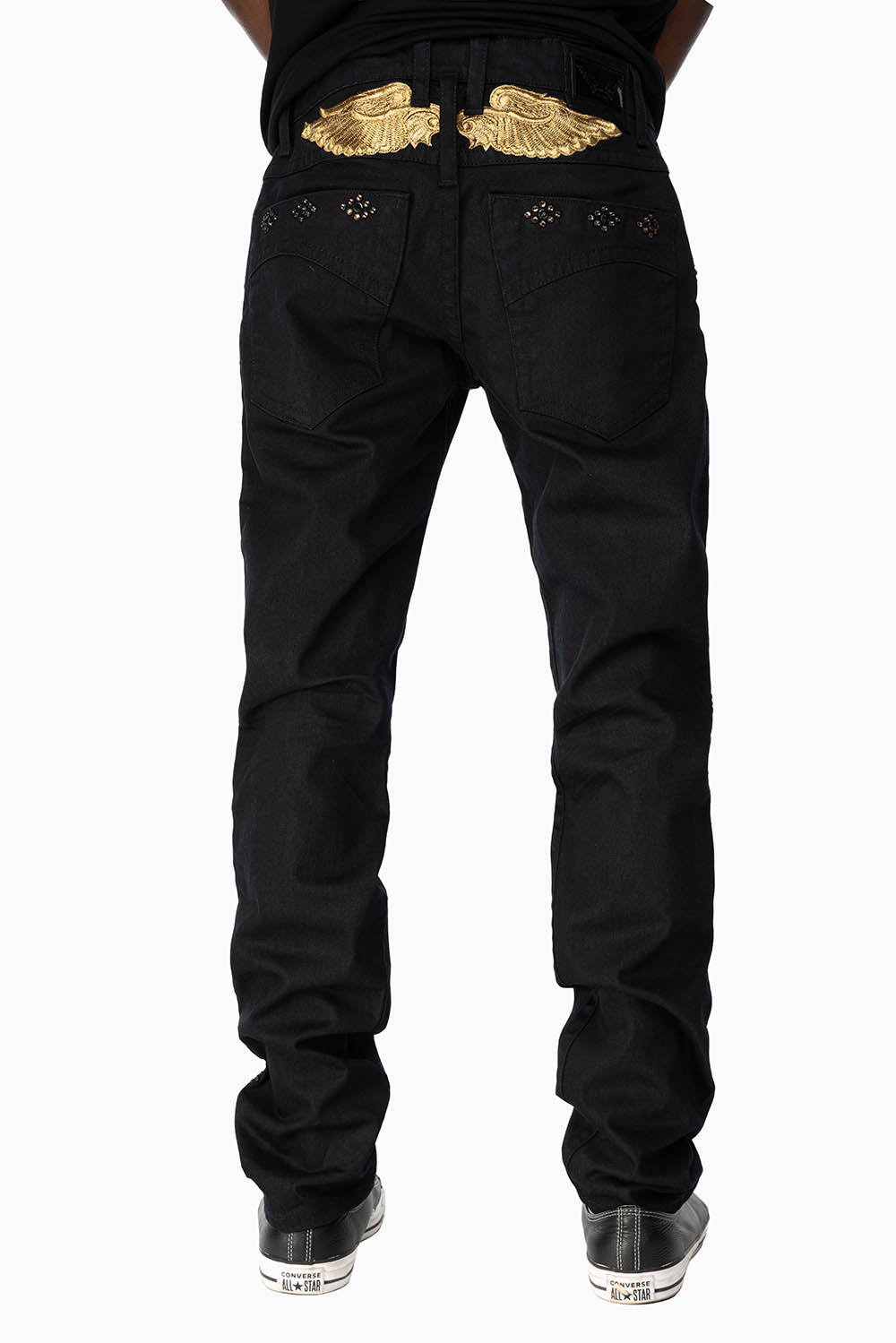 BIG MARLON 5 POCKET SLIM FIT MENS JEANS IN PURE BLACK WASH WITH GUNSLINGER CRYSTAL MOTIF