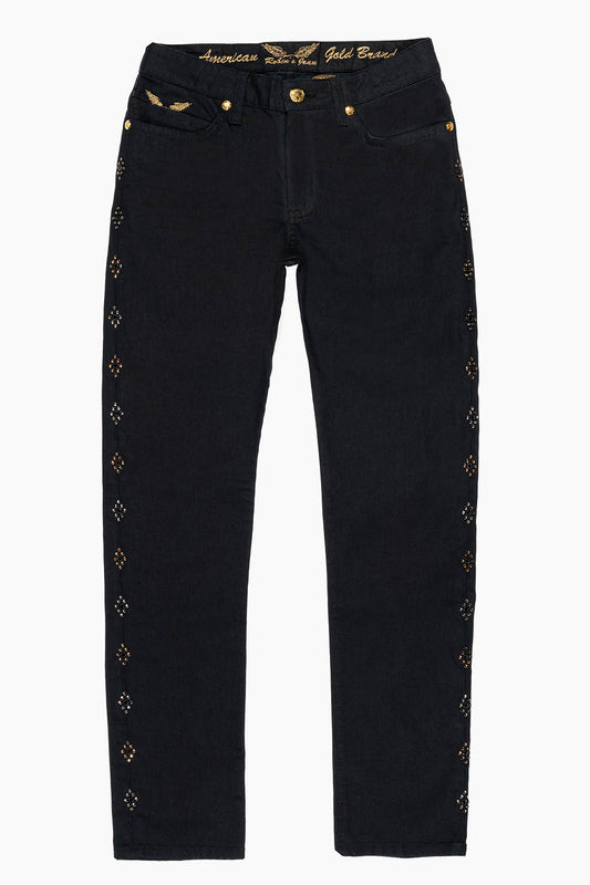 BIG MARLON 5 POCKET SLIM FIT MENS JEANS IN PURE BLACK WASH WITH GUNSLINGER CRYSTAL MOTIF