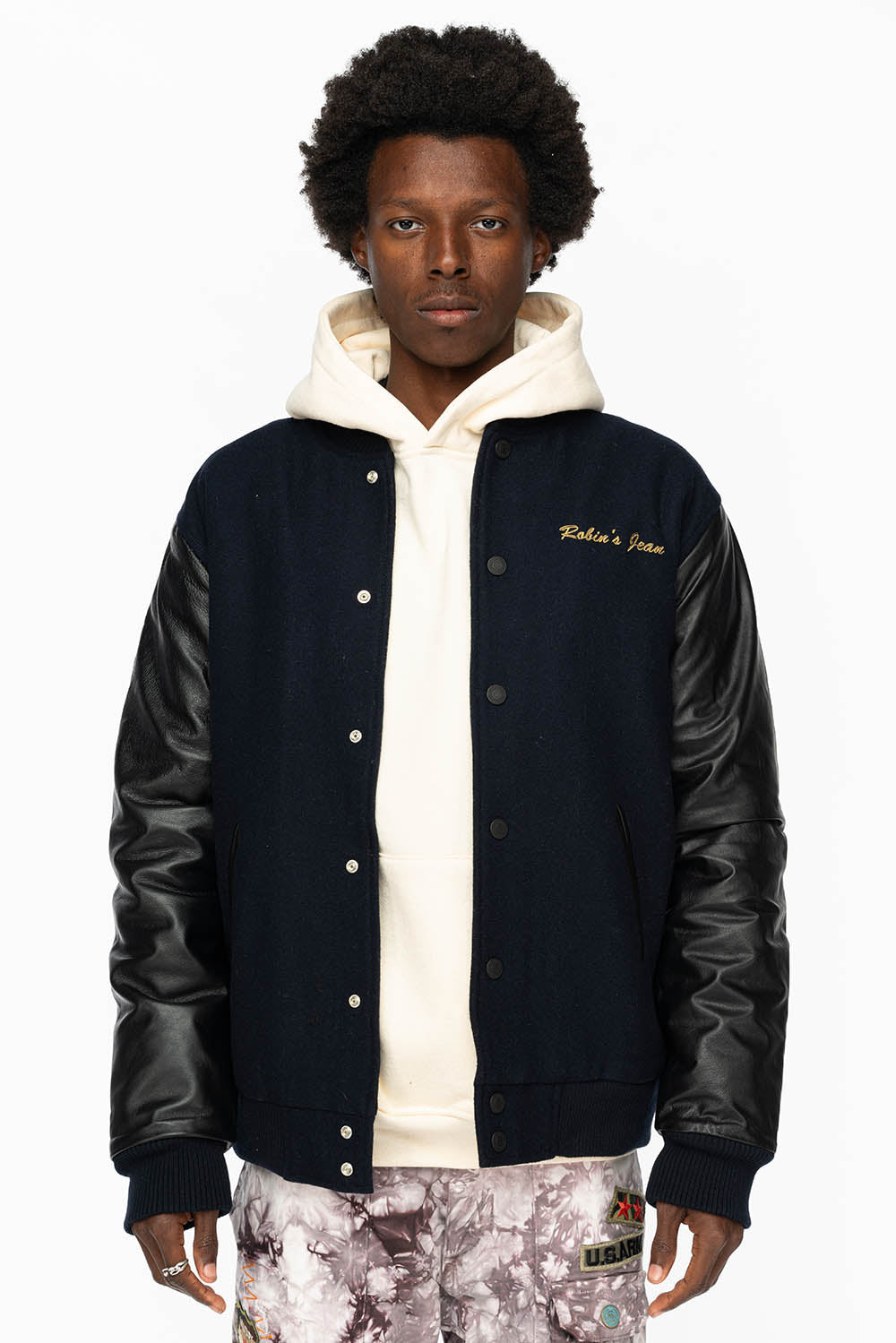 ROBIN’S WOOL & LEATHER VARSITY BOMBER JACKET IN NAVY/BLACK