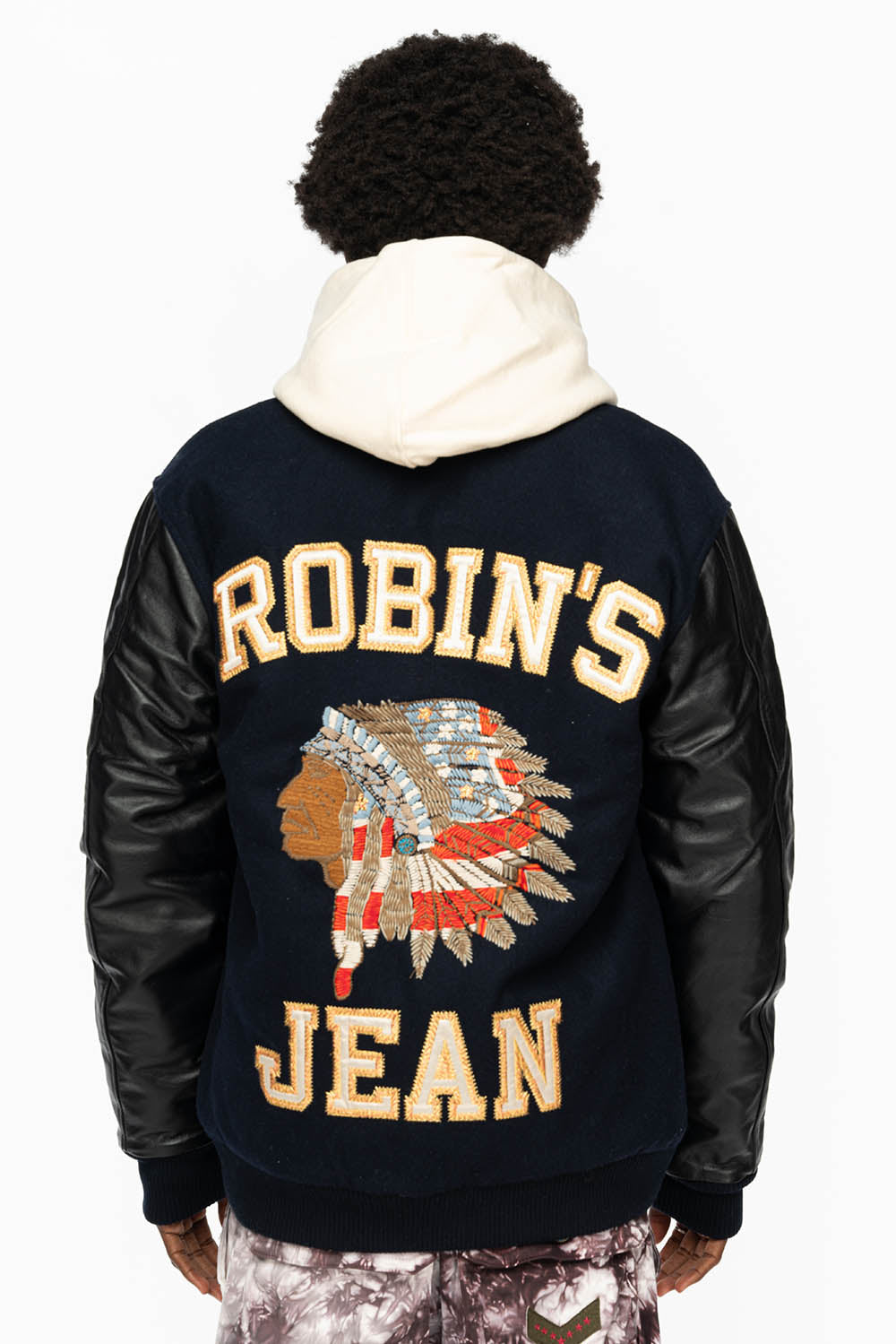 ROBIN’S WOOL & LEATHER VARSITY BOMBER JACKET IN NAVY/BLACK